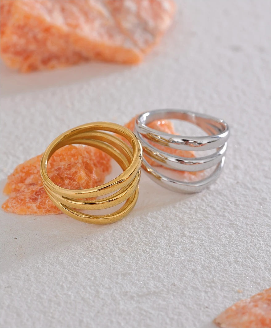 Geometric Hollow Layered Textured Wide Ring - Ecru