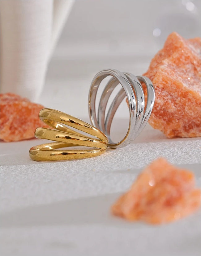 Geometric Hollow Layered Textured Wide Ring - Ecru