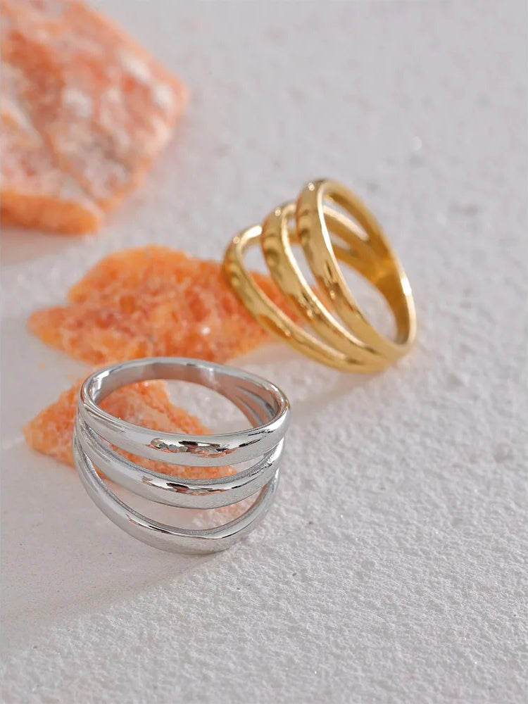 Geometric Hollow Layered Textured Wide Ring - Ecru