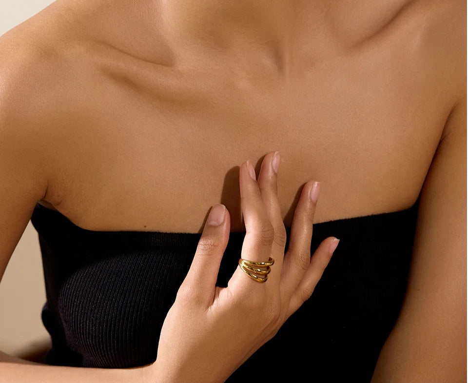 Geometric Hollow Layered Textured Wide Ring - Ecru