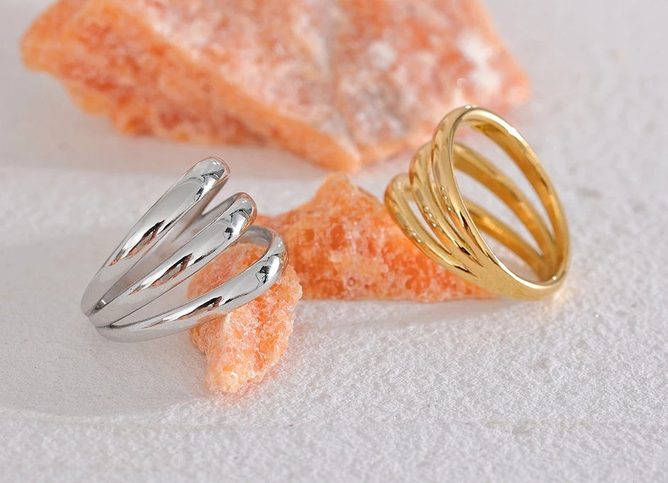 Geometric Hollow Layered Textured Wide Ring - Ecru