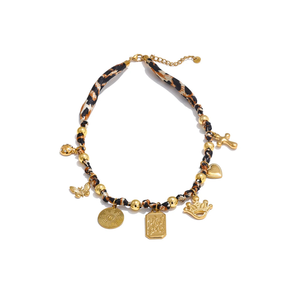 Leopard Print Charm Statement Necklace - Ecru