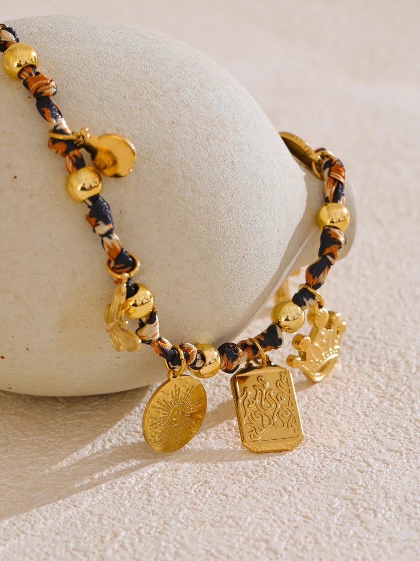 Leopard Print Charm Statement Necklace - Ecru