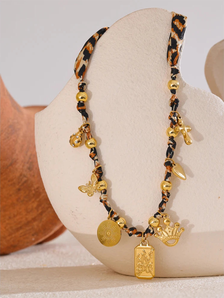 Leopard Print Charm Statement Necklace - Ecru