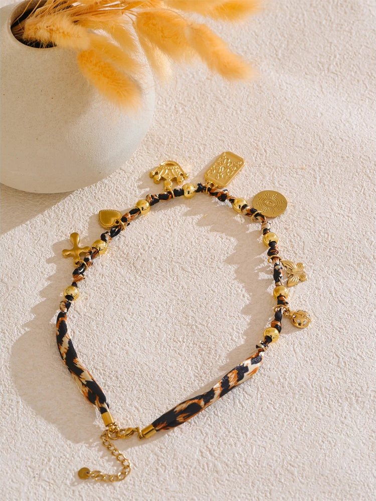 Leopard Print Charm Statement Necklace - Ecru