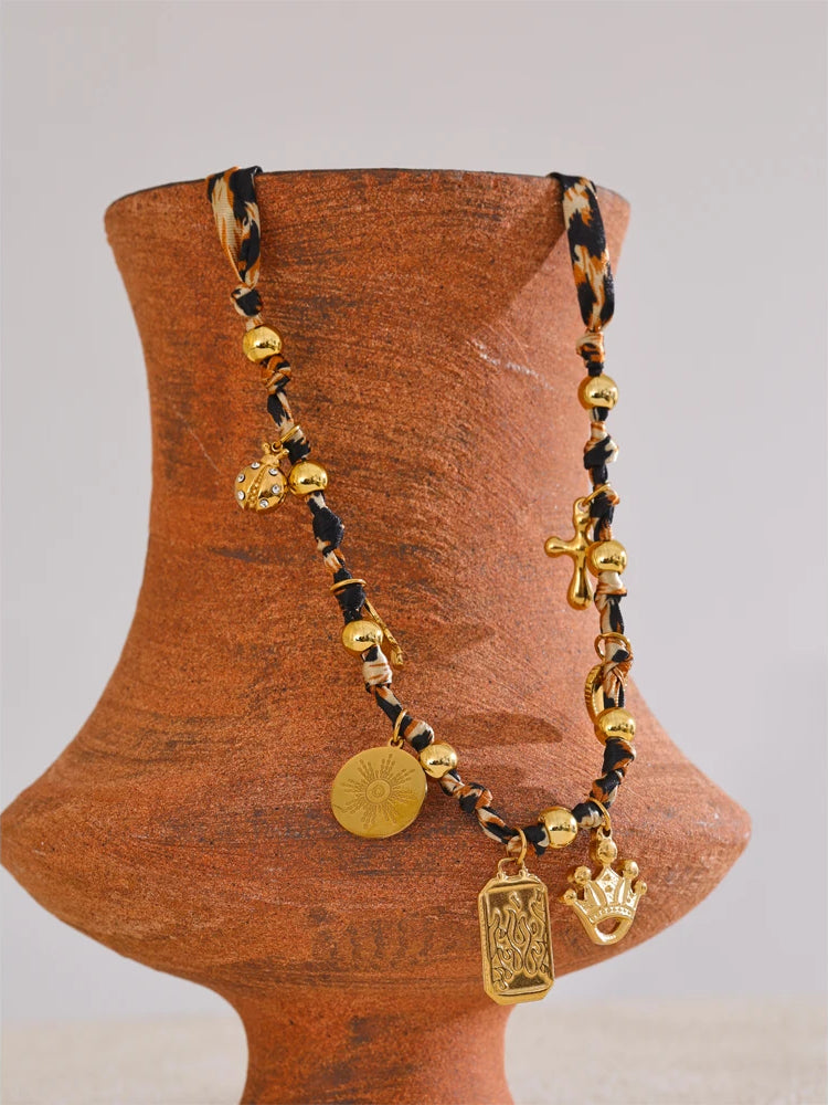 Leopard Print Charm Statement Necklace - Ecru
