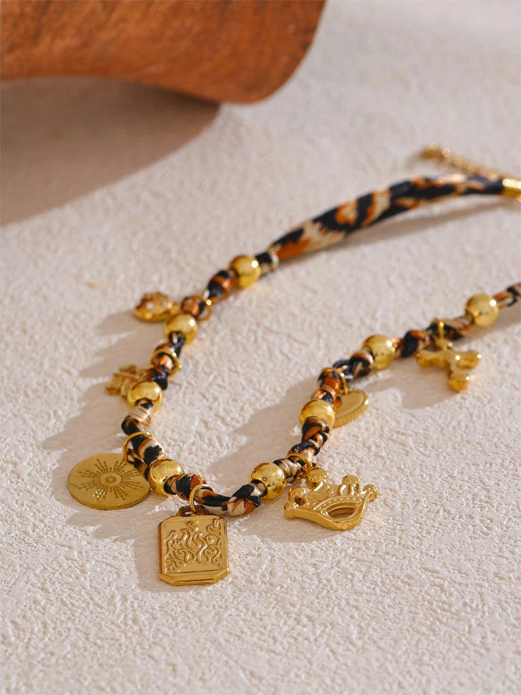 Leopard Print Charm Statement Necklace - Ecru